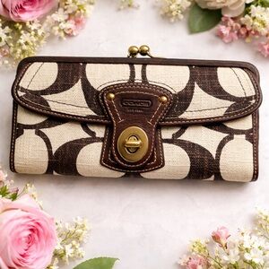 Vintage Coach Legacy Signature Turnlock Linen Monogram Canvas and Leather Wallet